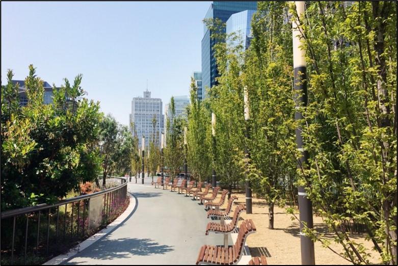 A curving pathway lined with benches and plants.