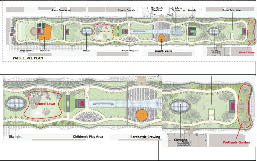 An illustrated overhead map showing the location of the Wetlands Garden and the Central Lawn marked with red outlines.