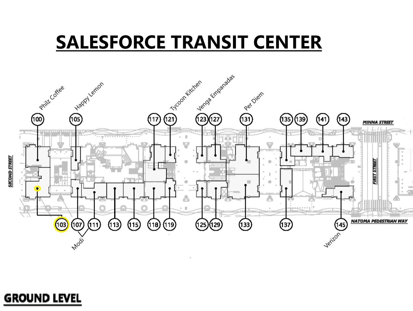 Map of street level rental units, showing where suite 103 is located.