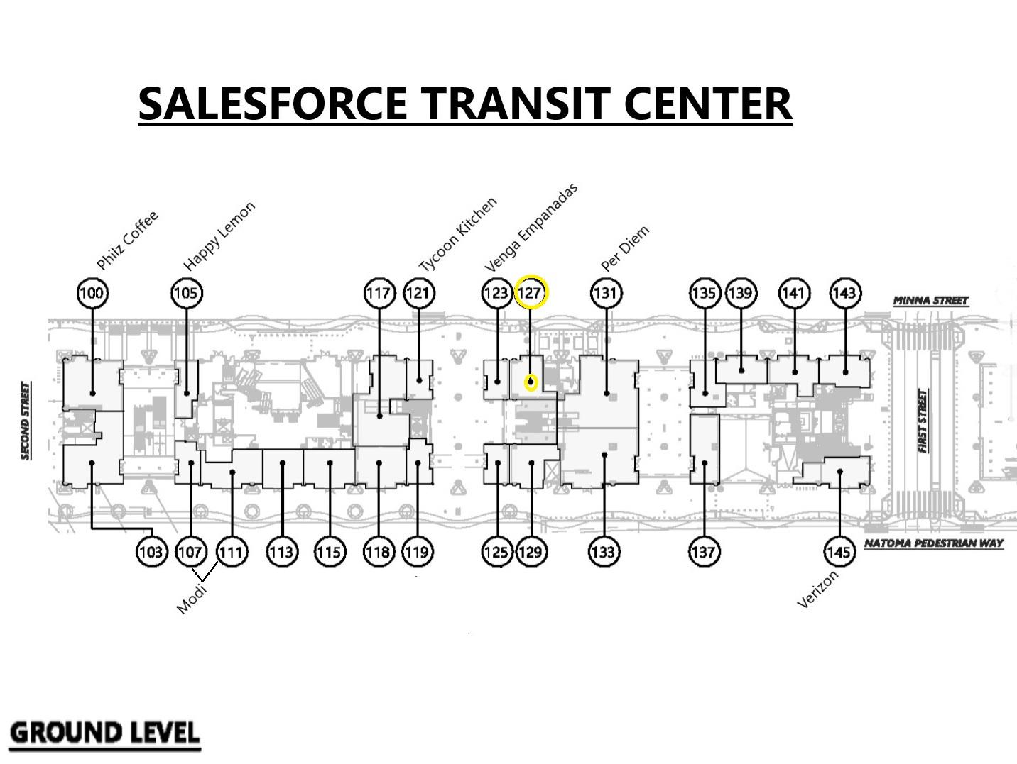 Map of street level rental units showing location of suite 127.