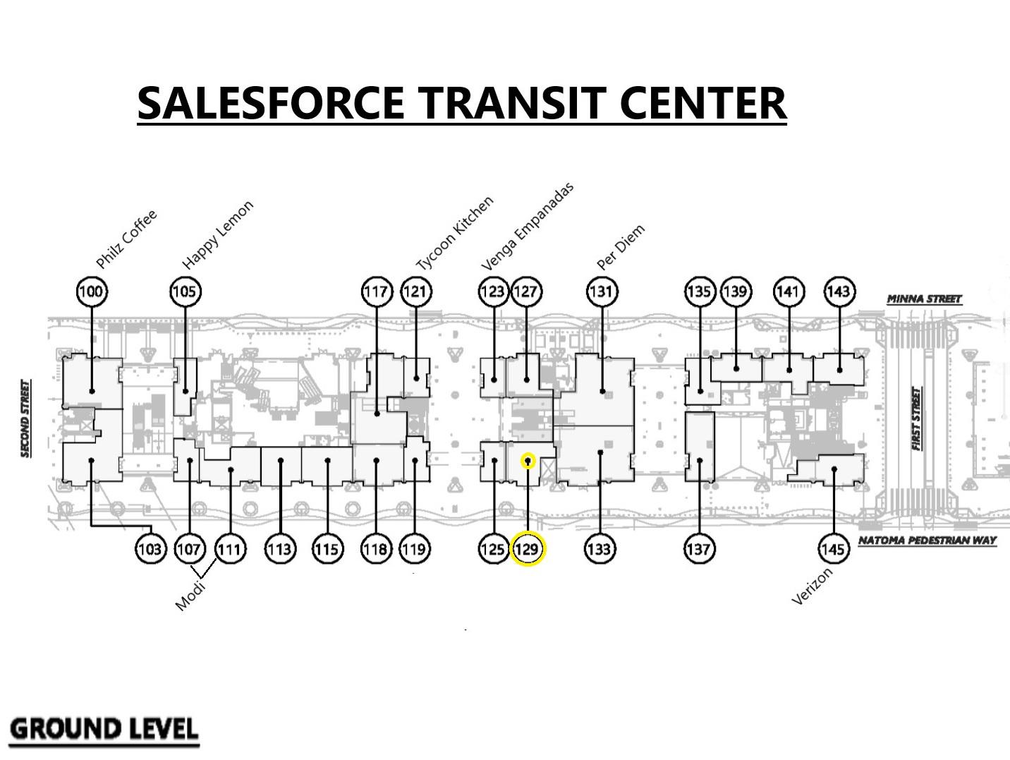 Map of street level rental units showing location of suite 129.