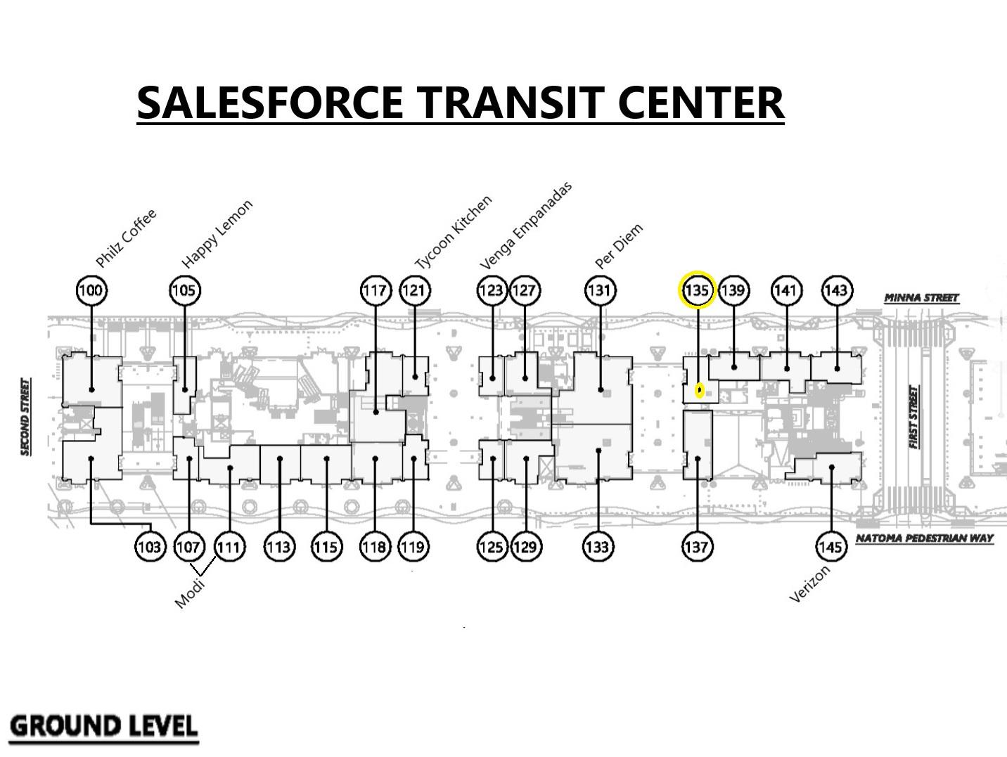 Map of street level rental units showing location of suite 135.