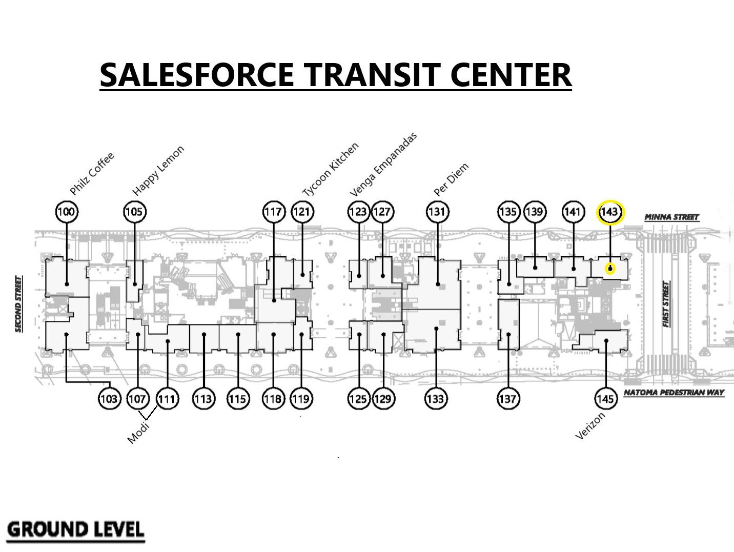 Map of street level rental units showing location of suite 143.