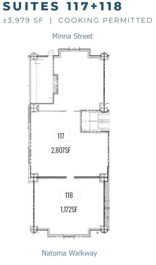Floor plan of suites 117 and 118.