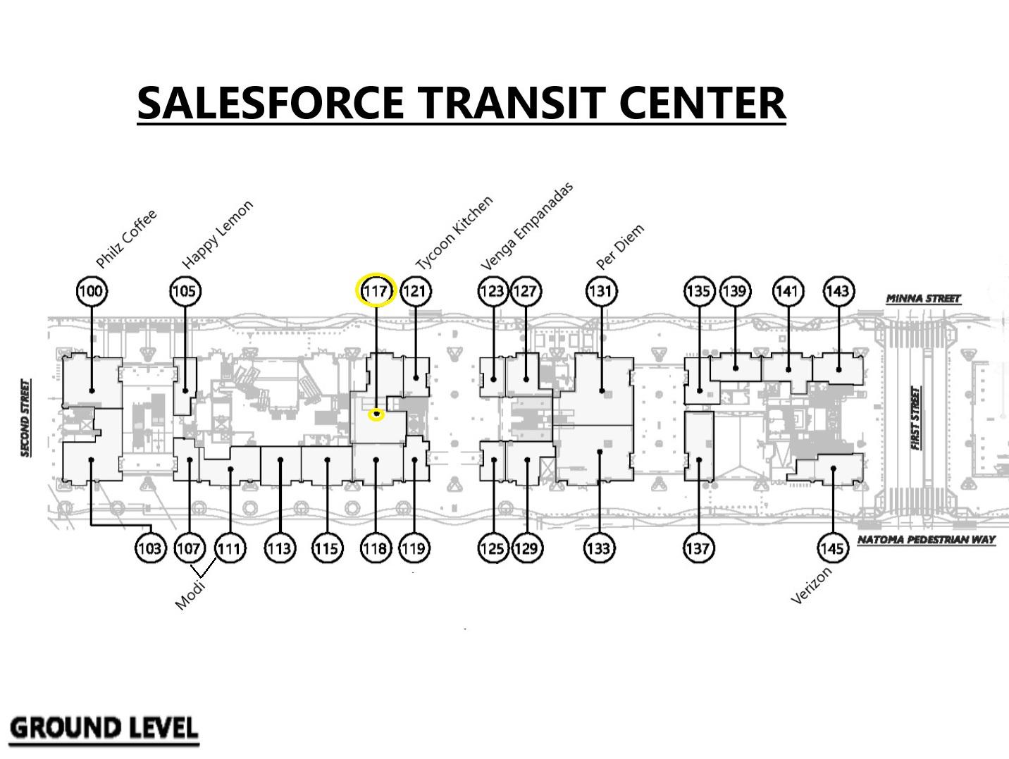 Map of street level rental units, showing where suite 117 is located.