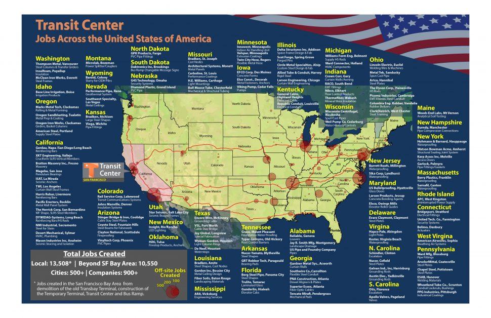 Map of USA with information about jobs created from Transit Center build.