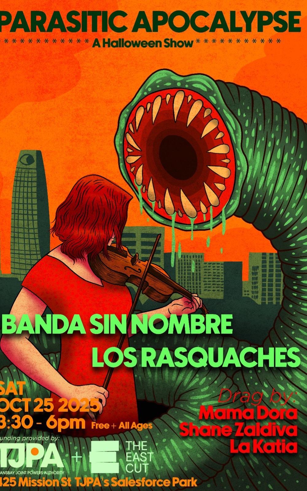 Parasitic Apocalypse Poster: It shows a woman playing a violin and a giant lamprey.