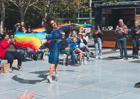 Drag performer dancing on Main Plaza