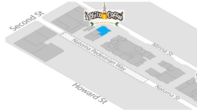 Street map showing where Philz Coffee shop.