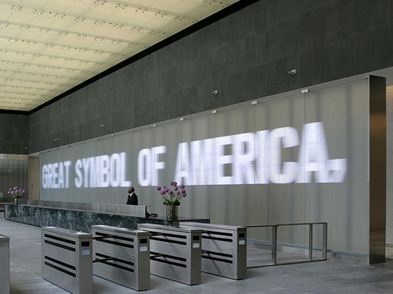 Electronic LED sign with white diodes, stainless steel, aluminum, etched glass, Dupont Sentry Glass Plus 162 x 780 x 24 in. 7 World Trade Center, New York, USA Text (pictured, left): “The World Trade Center,” © 1993 first appeared in The Paris Review and is also to be found in the book Valentine Place by David Lehman (Scribner, 1996). All rights reserved. Text (pictured, right): John Lambert, from Travels Through Canada, and the United States of North America in the Years 1806, 1807, 1808. © 2009 Jenny Hol