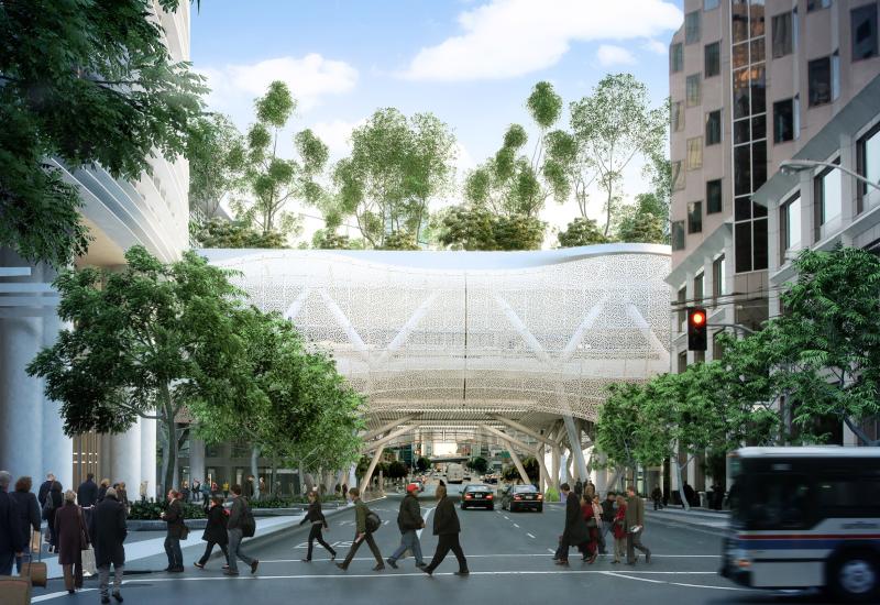 View of the new Transit Center from First Street in downtown San Francisco 