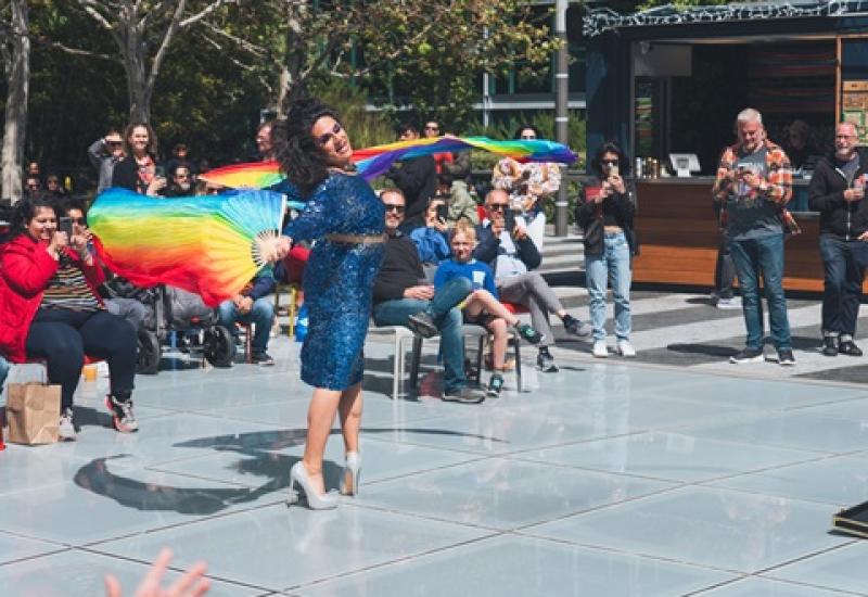 Drag performer dancing on Main Plaza